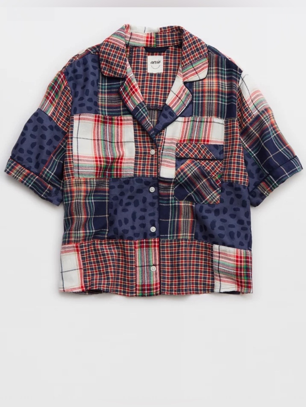 Aerie‎ Patchwork Plaid Flannel Leopard Print Top Short Sleeve Button Down Casual